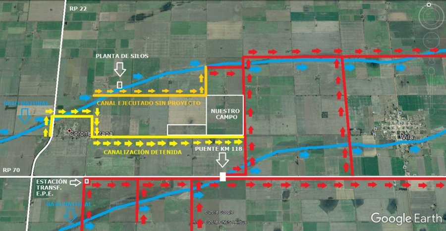 FOTOS J. BARRERA PRODUCTORES./ Sergio y Juan Garetto al costado de uno de los canales contra la bajada natural, al noreste de Fraga. ESTACIÓN TRANSFORMADORA./ Rodeada de dos canales al sur de la ruta 70, casi al ingreso a Fraga. MAPA./ Aparecen las b