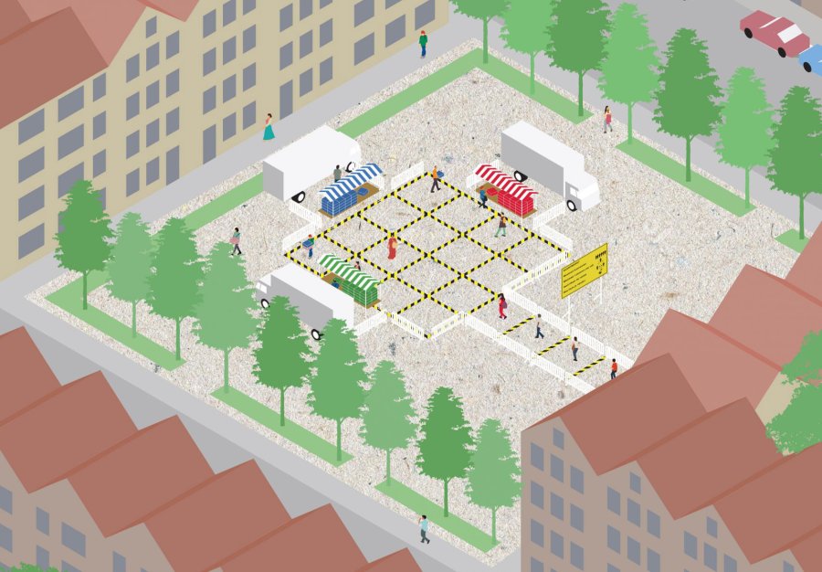 FOTO INTERNET UNA PLAZA DE HOLANDA. Con la demarcaci&oacute;n y el recorrido para no correr riesgos. FOTO INTERNET DISE&Ntilde;O SIMPLE. Shift Architecture Urbanism para Micro Mercados.