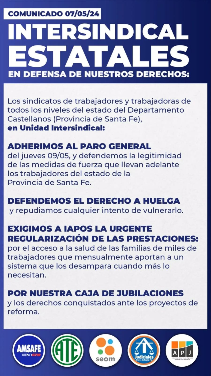 COMUNICADO. El gremio se adhiere al paro nacional.