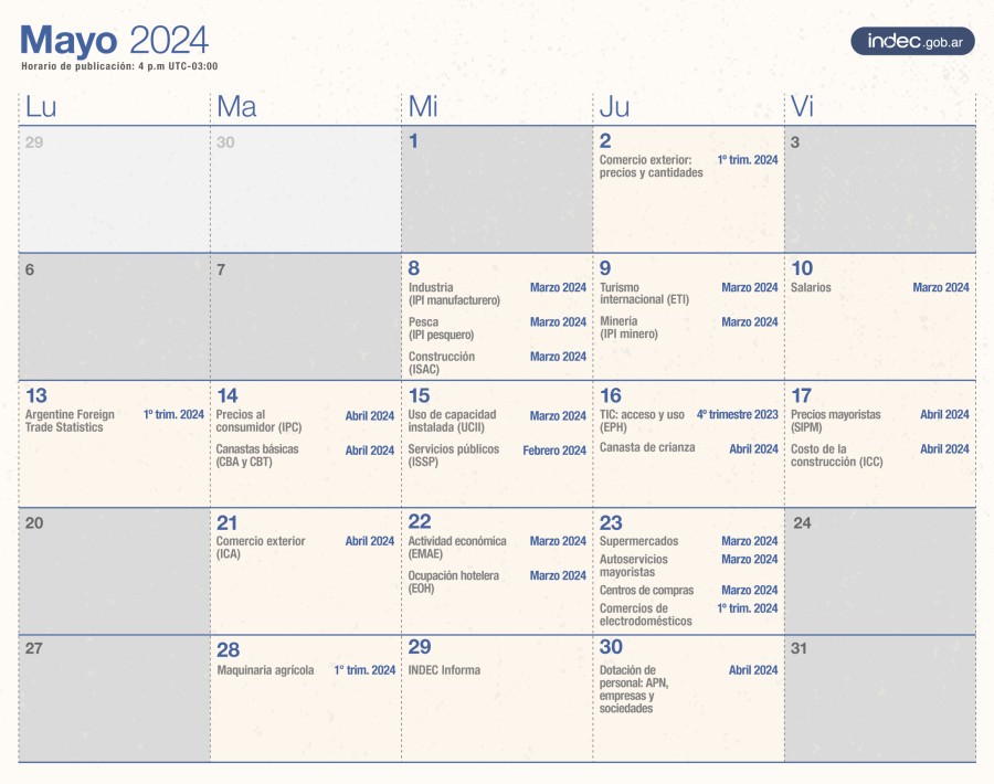 El calendario de publicaciones del INDEC para el mes de mayo.