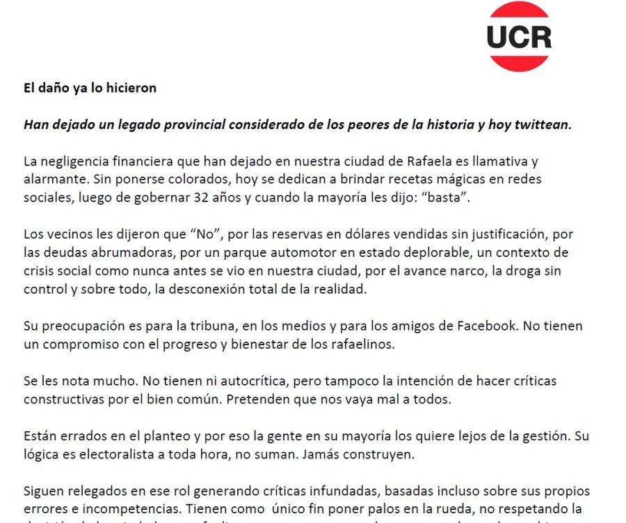 El documento de la UCR rafaelina que cruzó las críticas desde el peronismo.