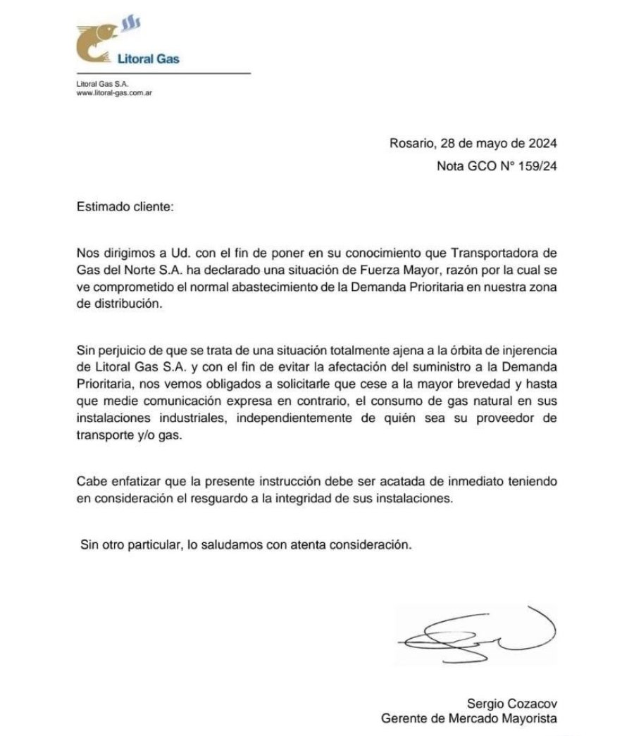 La nota que la prestadora Litoral Gas envi&oacute; a grandes clientes de su &aacute;rea de cobertura.