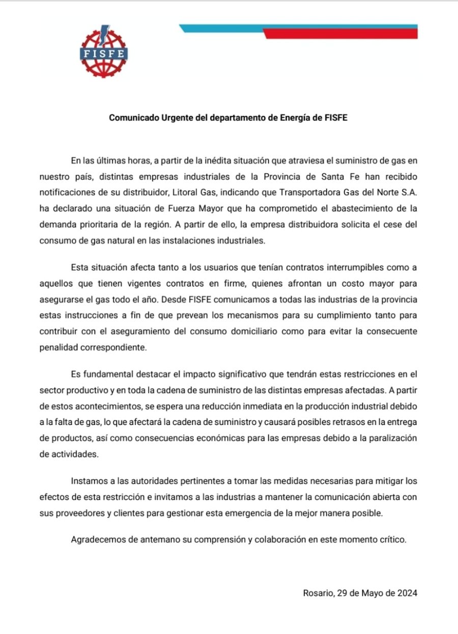 El comunicado de FISFE ante el corte de gas a grandes industrias santafesinas.