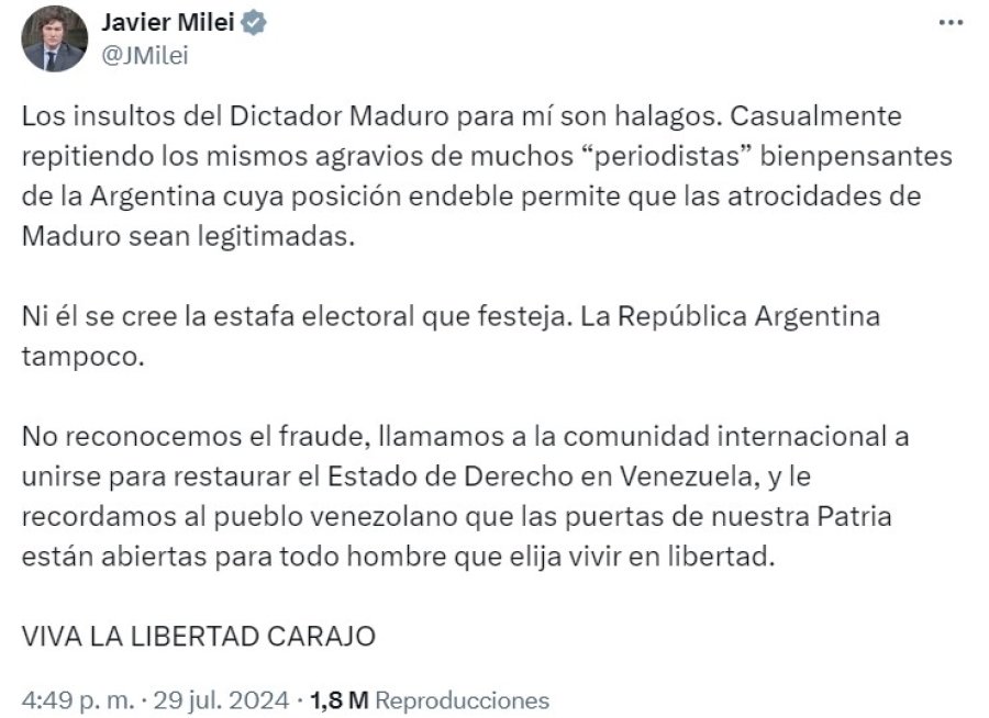 El mensaje del presidente Milei sobre Venezuela.