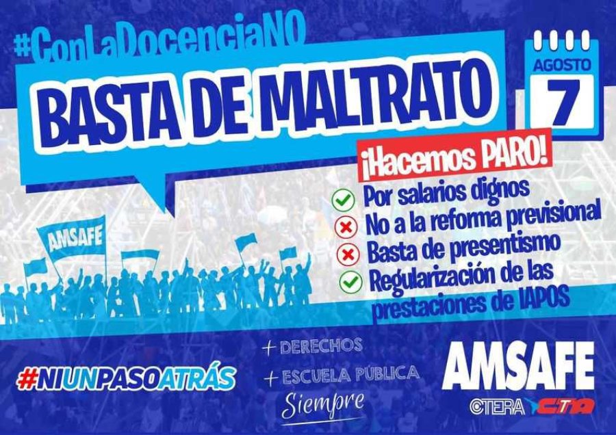 OTRA VEZ EL CONFLICTO. "Basta de maltrato", el mensaje de Amsafe para el gobierno de Pullaro luego del rechazo de la mejora salarial de un 10% para el pr&oacute;ximo trismestre.