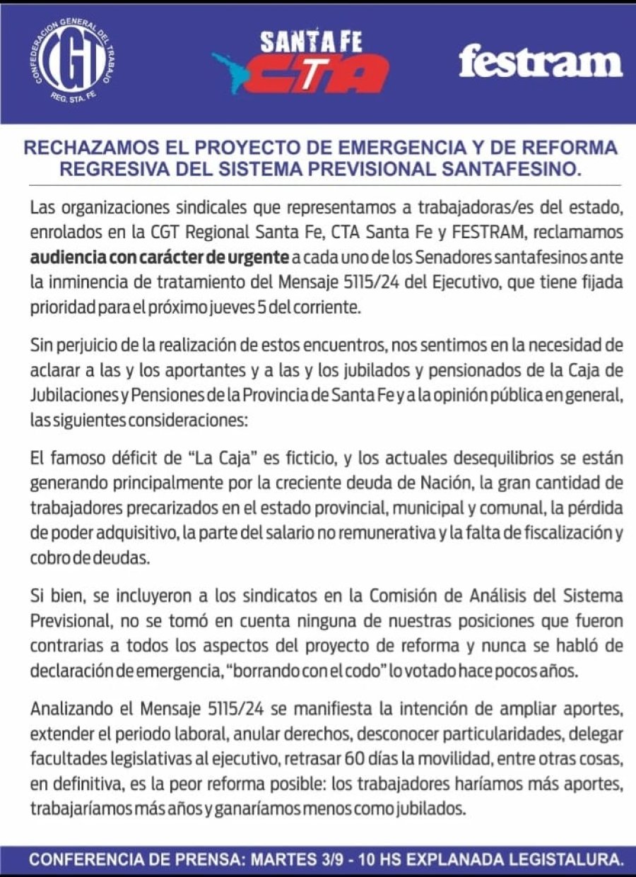 RECHAZO. El comunicado que se dieron a conocer este lunes las organizaciones sindicales santafesinas.