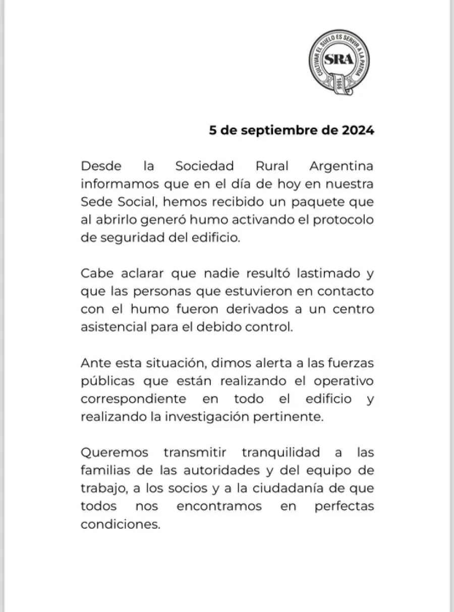 El comunicado de Sociedad Rural Argentina.