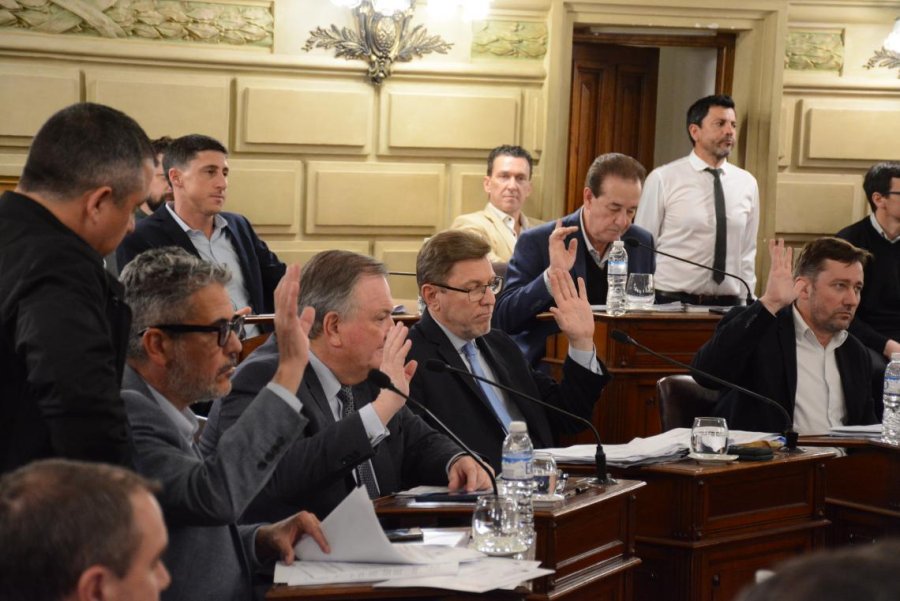 MANO LEVANTADA. Legisladores oficialistas en el momento de la votaci&oacute;n de la reforma previsional.