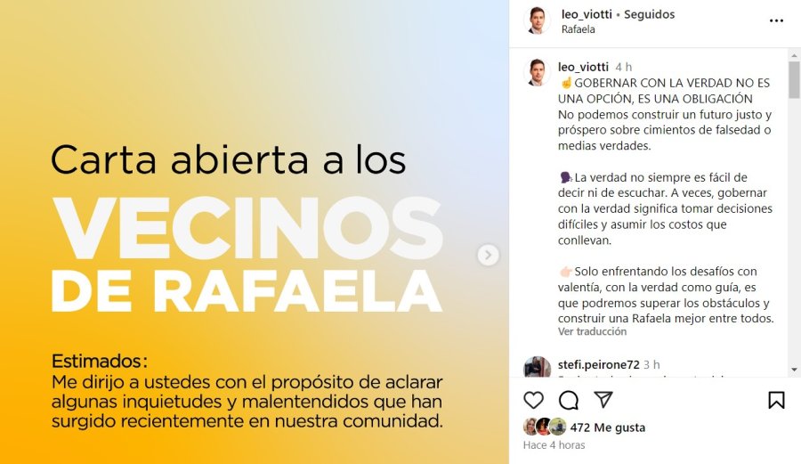 La "portada" de la Carta Abierta de Viotti a los Vecinos de Rafaela.