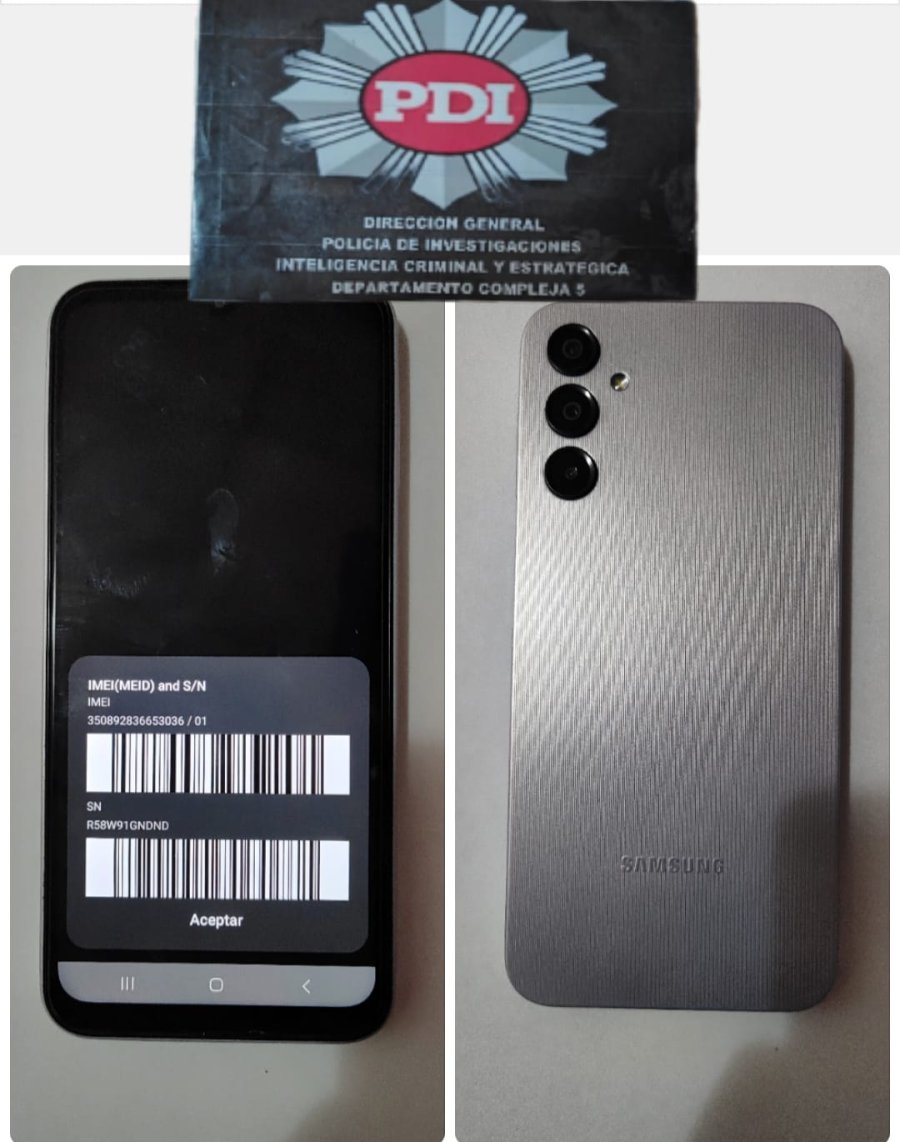 El celular marca Samsung A14 hurtado y luego recuperado.