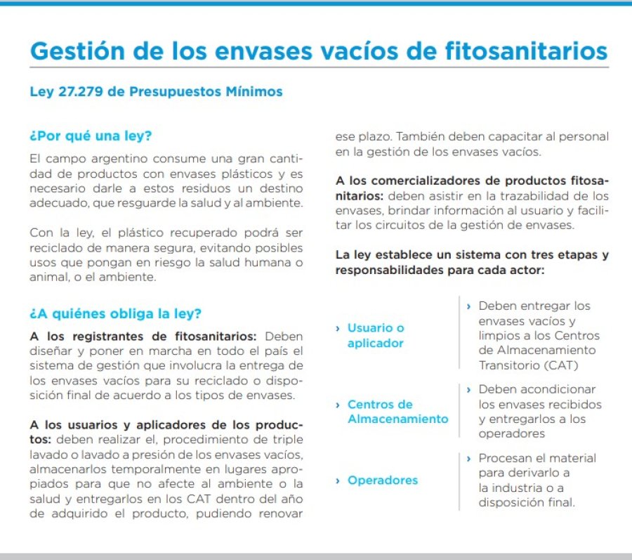El Gobierno nacional dise&ntilde;&oacute; un folleto para explicar la gesti&oacute;n de los envases vac&iacute;os de fitosanitarios.