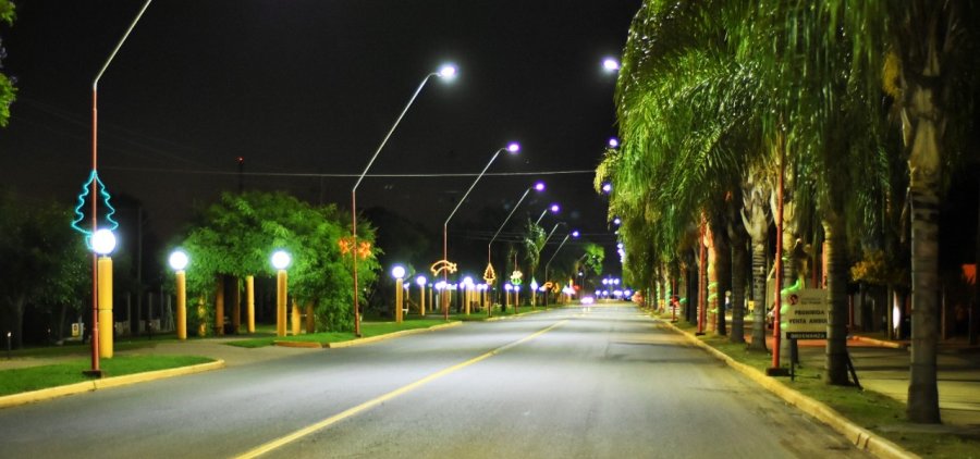 Con abundate arboleda y profusa iluminaci&oacute;n el acceso recibe al visitante.