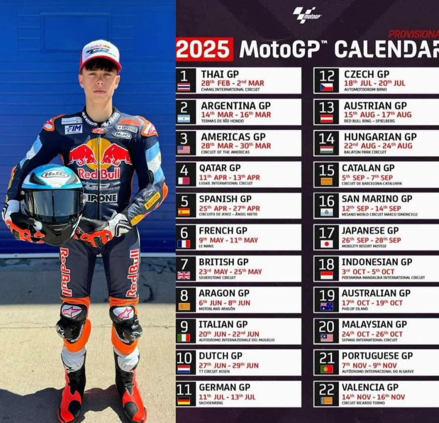 El calendario 2025 y el juvenil argentino Valent&iacute;n Perrone, que correr&aacute; en Moto3.
