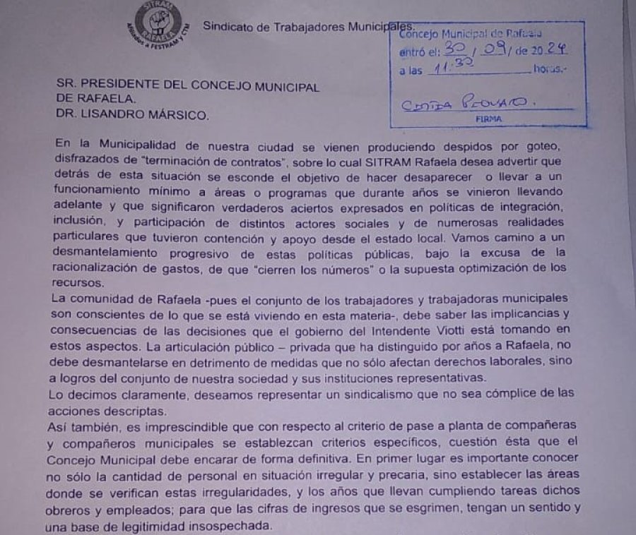 La nota que SITRAM present&oacute; en el Concejo Municipal.