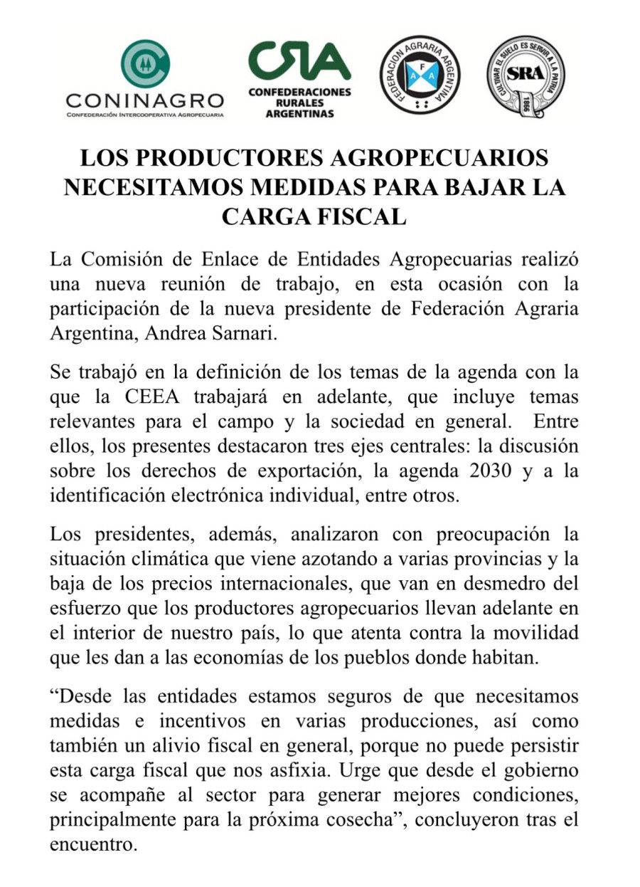 El comunicado de la Mesa de Enlace.