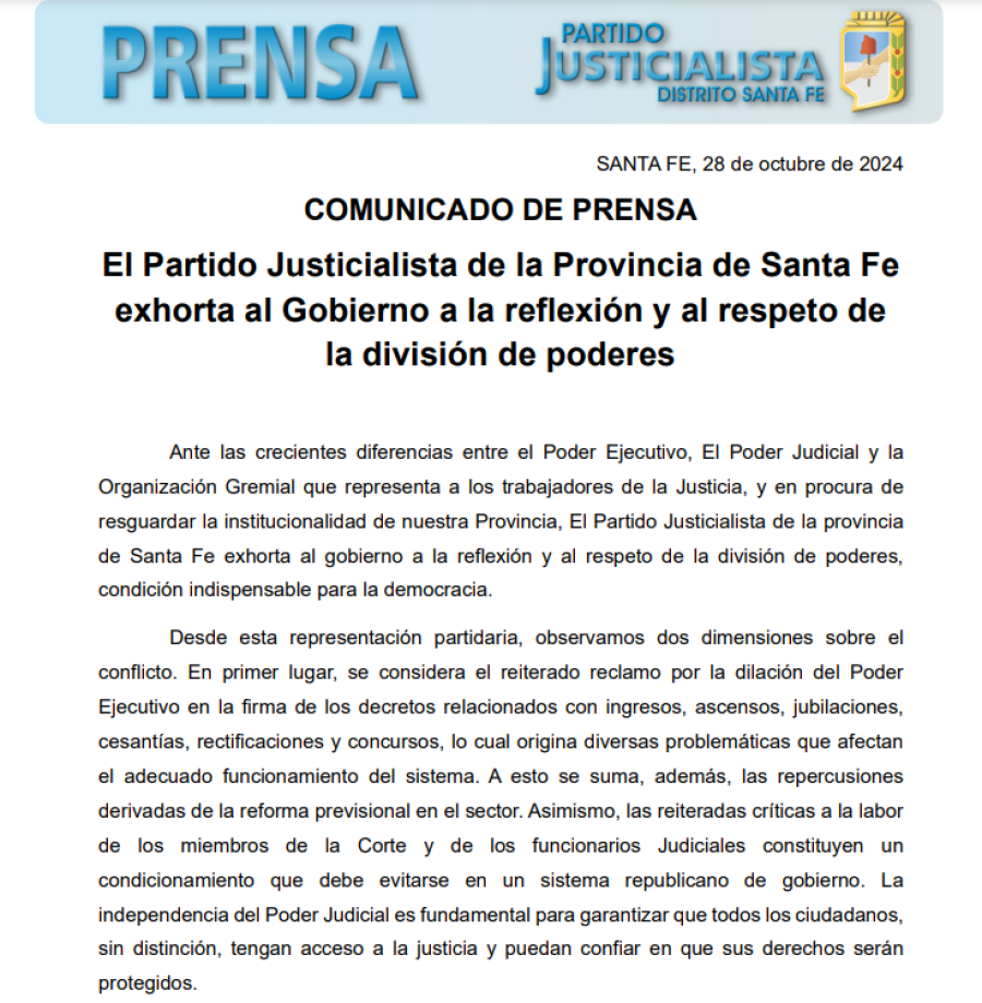 El comunicado del PJ sobre el conflicto del Gobierno santafesino con el Poder Judicial.