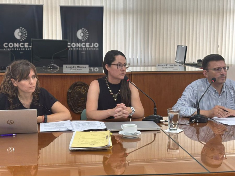 Silvina Bravino, Mar&iacute;a Emilia Vidal y Lisandro M&aacute;rsico durante la reuni&oacute;n en el Concejo. (FOTO PRENSA CONCEJO)