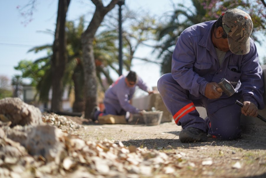 "EN CONSTRUCCI&Oacute;N". Personal municipal durante las tareas efectuadas en avenida Italia y sus canteros.