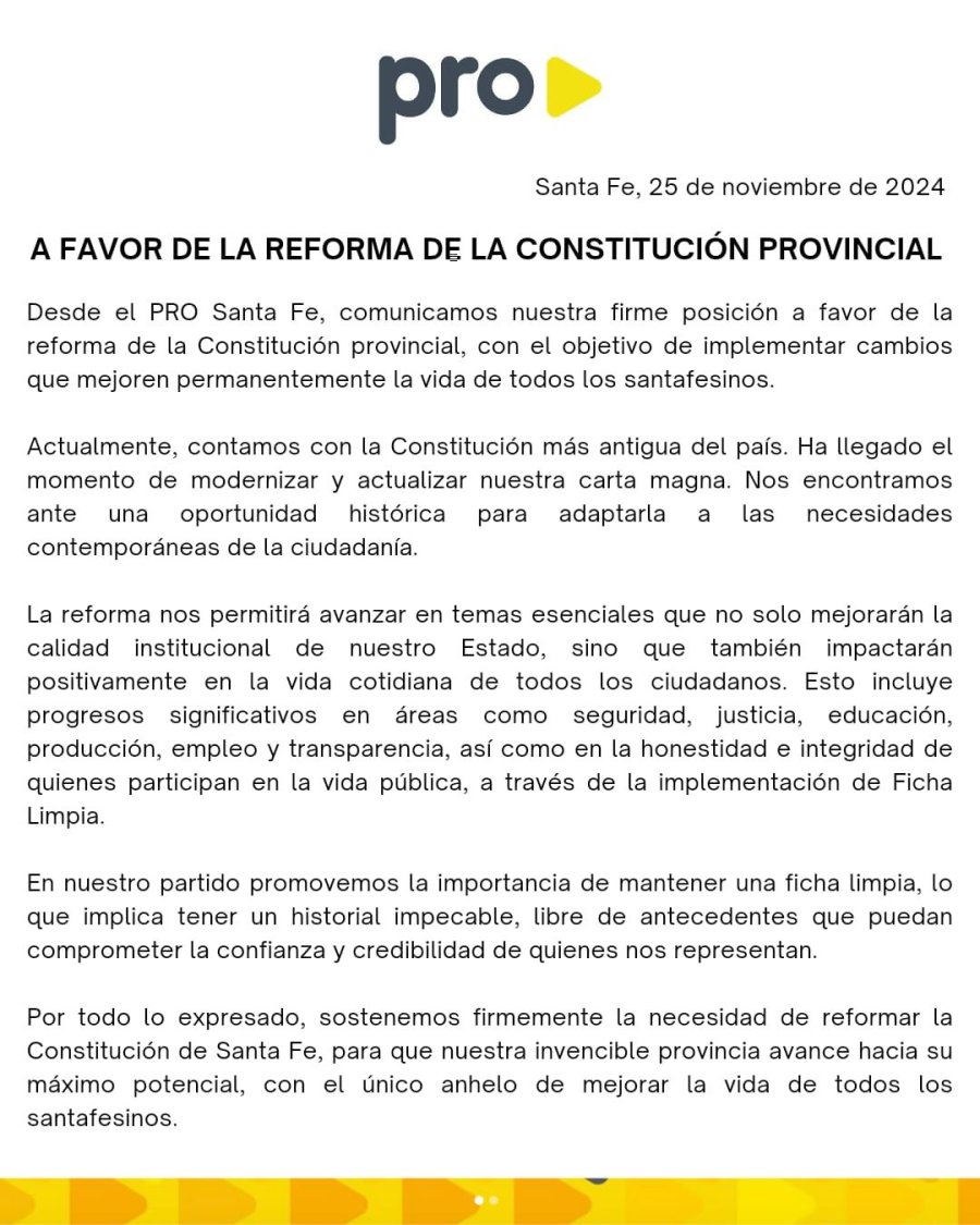 El comunicado del PRO que respalda la reforma constitucional.