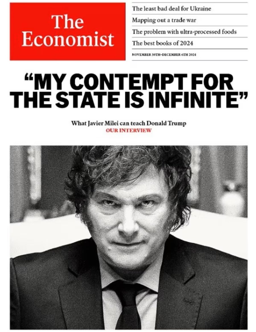 THE ECONOMIST. La publicación británica pone en su tapa una foto del presidente Milei en blanco y negro, con el texto: "Mi desprecio por el Estado es infinito".