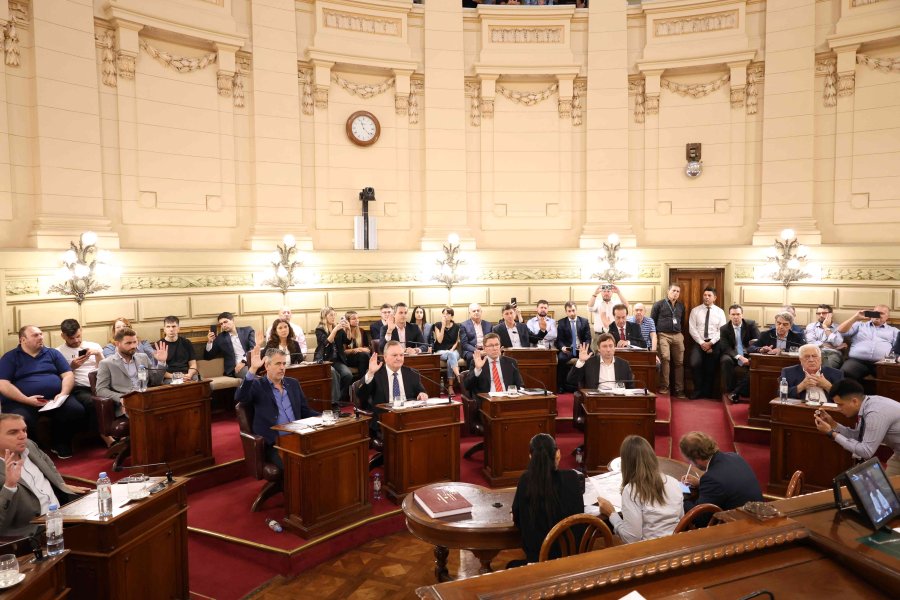 El momento que la mayor&iacute;a de los senadores, con la mano alzada, dan sanci&oacute;n definitiva al proyecto que habilita la reforma constitucional. (PRENSA SENADO)