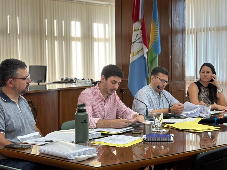 Germ&aacute;n Bottero, Nicol&aacute;s Abdala, Lisandro M&aacute;rsico y Mar&iacute;a Emilia Vidal en la primera reuni&oacute;n del Concejo con funcionarios del Ejecutivo.
