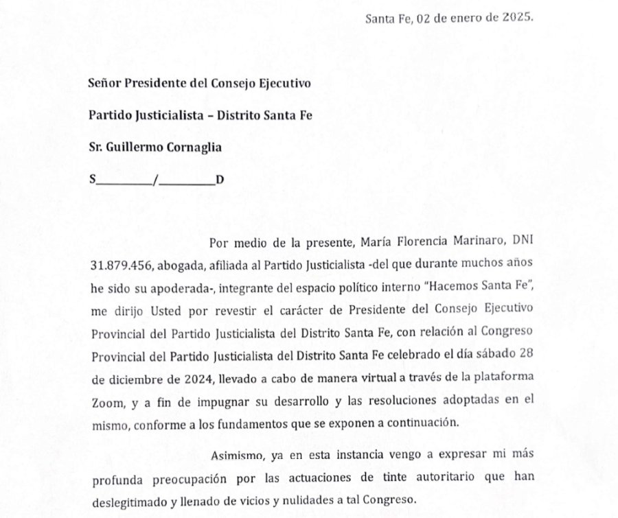 PLANTEO. El tramo inicial del documento de seis carillas firmado por Florencia Marinaro.