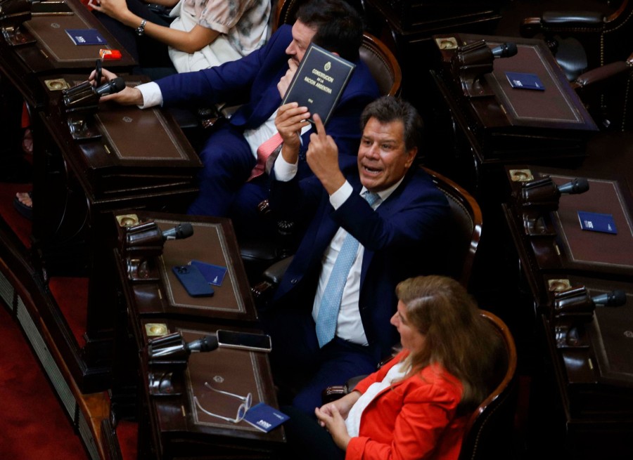 Manes muestra la Constitución en un recinto semivacío.