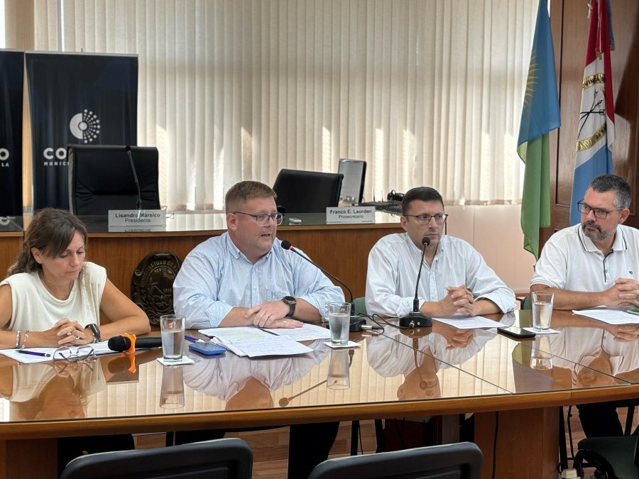 Silvina Bravino, Mat&iacute;as Gentinetta, Lisandro M&aacute;rsico y Germ&aacute;n Bottero en el recinto del Concejo Municipal.