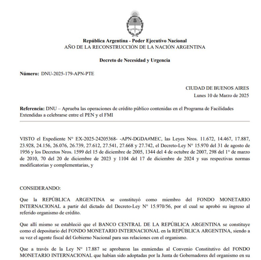 DEUDA. Milei firmó el decreto 179/2025 mediante el cual se aprueba un nuevo acuerdo con el FMI.