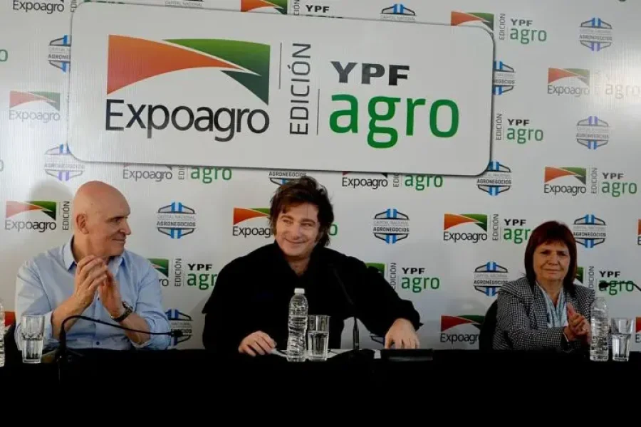 Jos&eacute; Luis Espert, Javier Milei y Patricia Bullrich, el viernes en Expoagro.