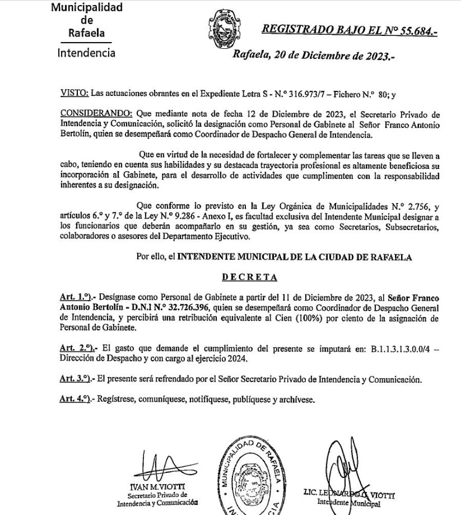 El decreto de designaci&oacute;n de Bertolin, en diciembre de 2023.