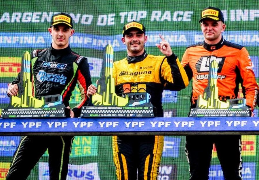 Emiliano Stang (2&deg;), Facundo Aldrighetti (1&deg;) y Mat&iacute;as Capurro (3&deg;) en el podio de Rosario.