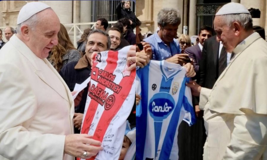 EL PAPA FRANCISCO RECIBIENDO LA REMERA DE 9 DE JULIO Y ATLÉTICO DE RAFAELA