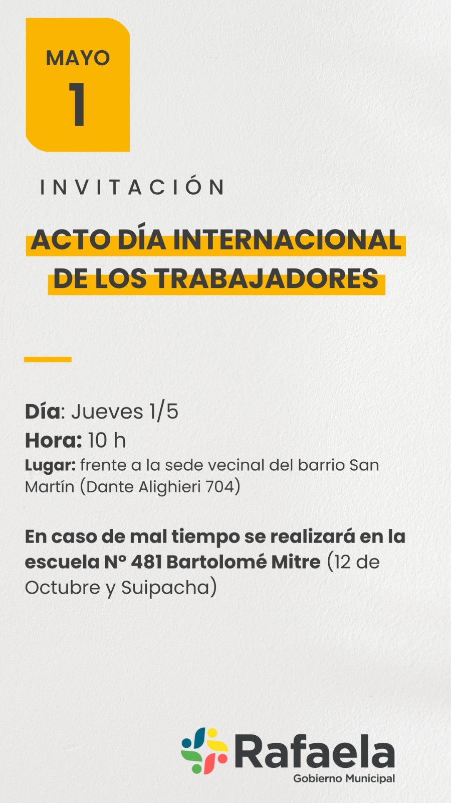 En caso de mal tiempo, se trasladará a la escuela Nº 481 Bartolomé Mitre.