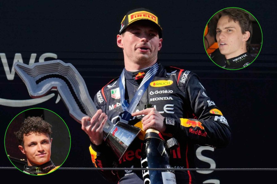 Max Verstappen festejando y en c&iacute;rculos sus escoltas Lando Norris y Oscar Piastri.