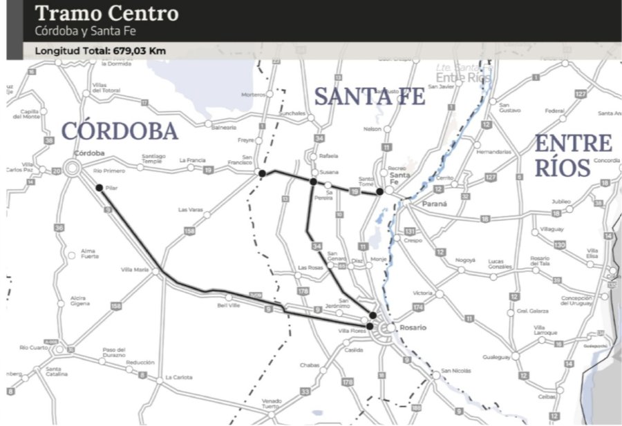 CONSIGNA. Las rutas a concesionar en el Tramo Centro, incluye la 9, la 19 y la 34 en la Provincia de Santa Fe.