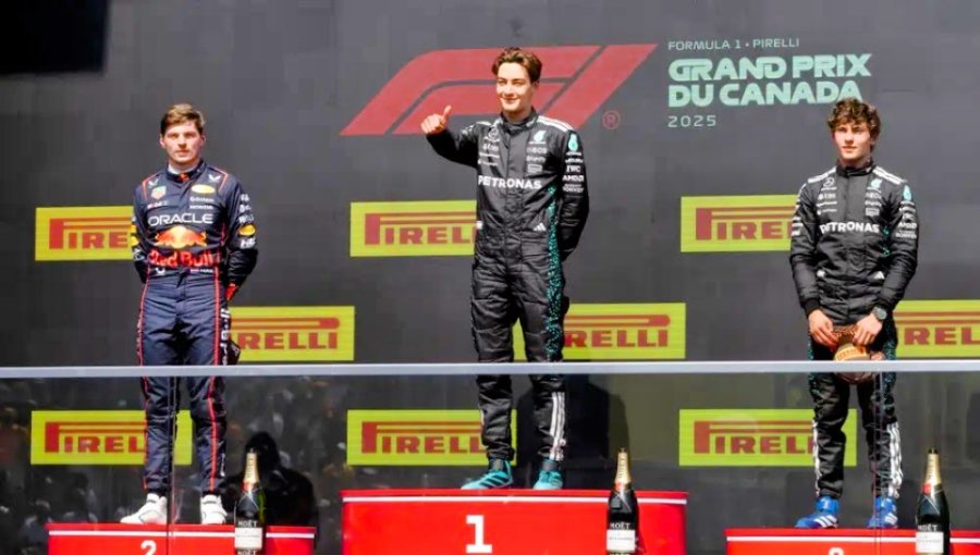 Max Verstappen (2°), George Russell (1°) y Andrea Antonelli (3°) en el podio de Canadá.
