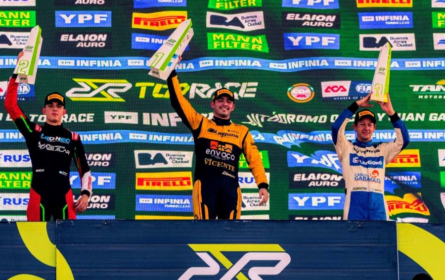 Podio del TRV6 con Emiliano Stang (2°), Facundo Aldrighetti (1°) y Marcelo Ciarrocchi (3°).