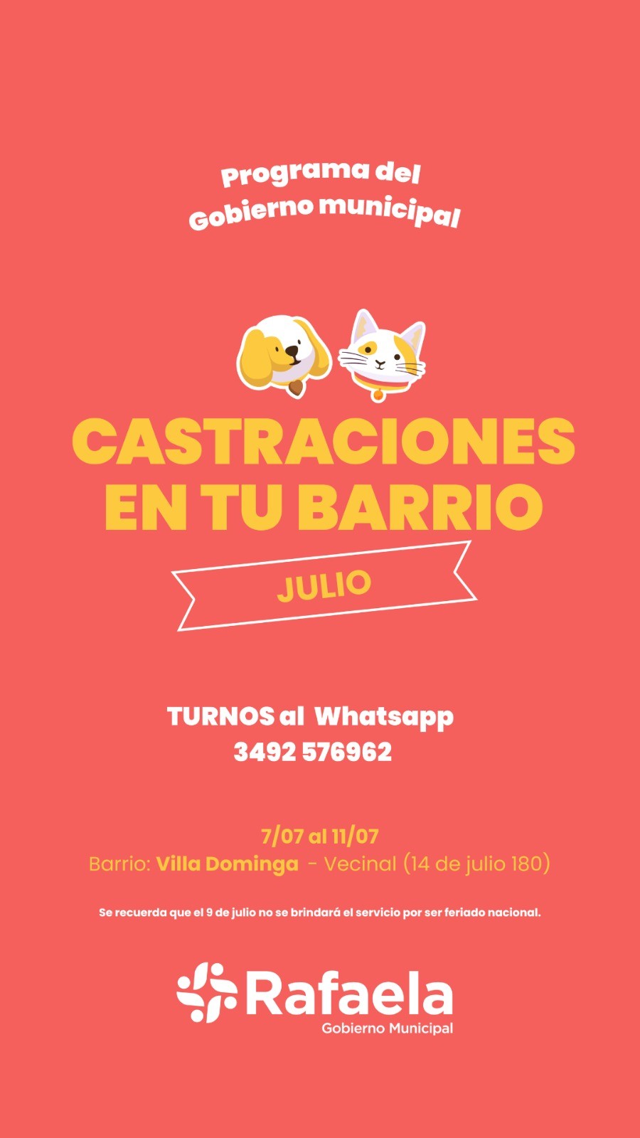 Durante estas jornadas, únicamente se realizarán castraciones; no habrá atención primaria disponible.