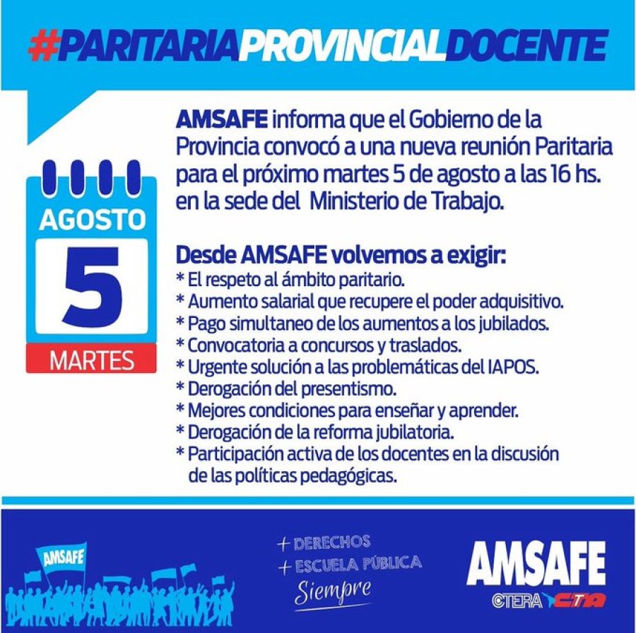 ¿HABRA ACUERDO?. Mientras la Provincia ultima detalles de la oferta salarial que presentará mañana a los gremios, desde Amsafe piden una urgente recomposición salarial, entre otras exigencias.