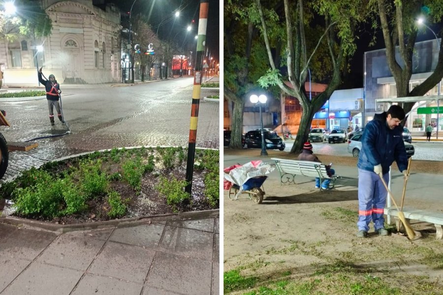 EN EL CENTRO. Continúan las tareas de limpieza, barrido y recolección de residuos tras los festejos del domingo por el Día de las Infancias.