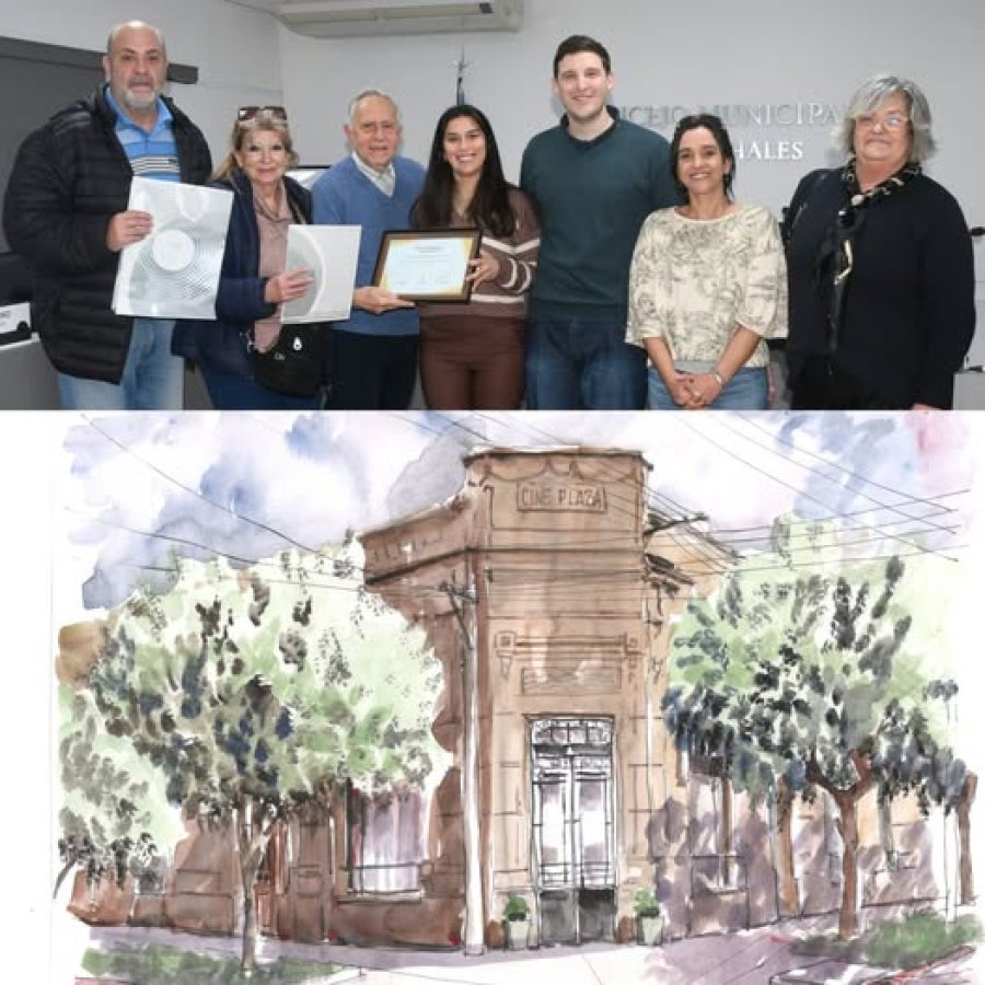 Integrantes de la institución junto a los ediles y acuarela del edificio, obra de Gustavo Pueyo.