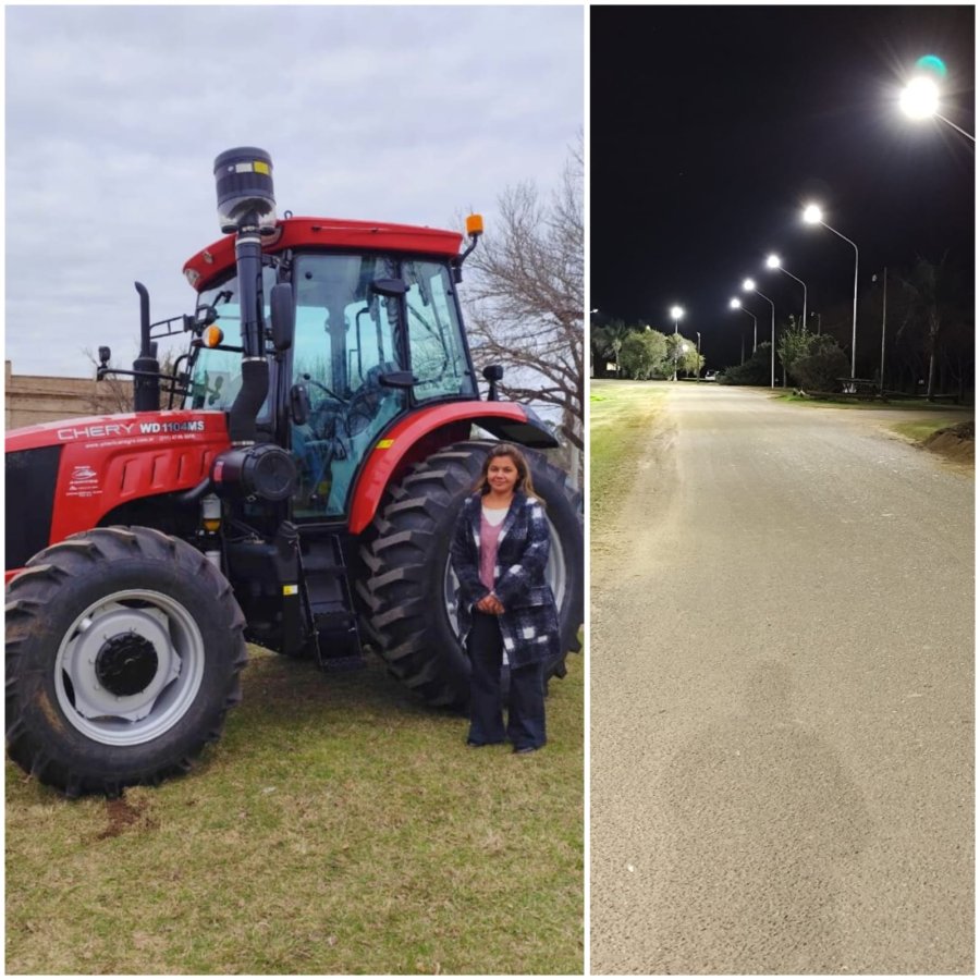 Luciana OPeter junto al nuevo tractor y la nueva iluminación.
