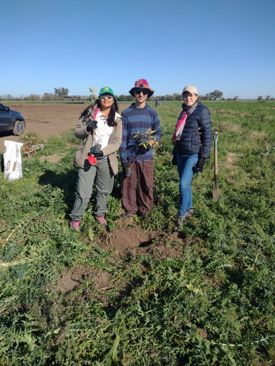 FORESTACIÓN. La Dra Jonicelia Araujo con dos estudiantes plantando la planta número 100.