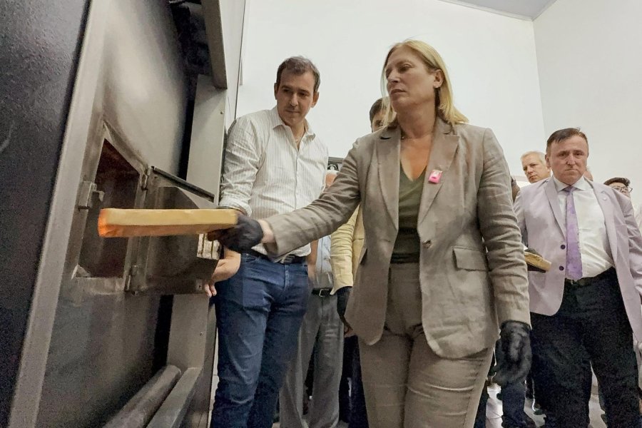 La vicegoberandora Gisela Scaglia arroja uno de los paquetes al horno. (FOTO SCS)