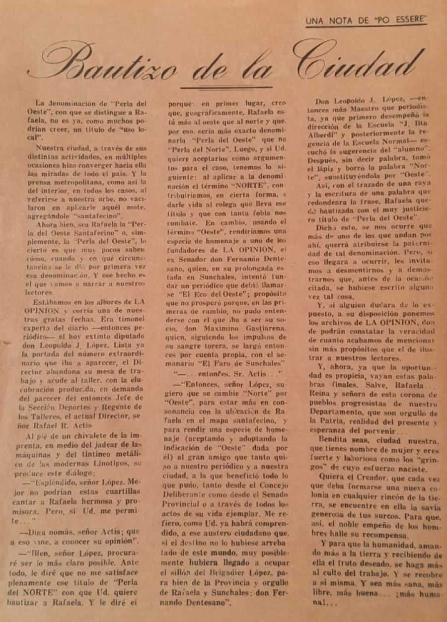 Art&iacute;culo firmado por &laquo;Po essere&raquo; (Puede ser) en 1942, el seud&oacute;nimo que utiliz&oacute; Rafael R. Actis durante muchos a&ntilde;os en el diario La Opini&oacute;n de Rafaela.