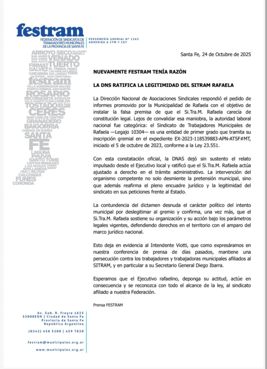 EL COMUNIDADO. FESTRAM ya asegura que el Ministerio de Trabajo ratificó la legalidad del SITRAM Rafaela.