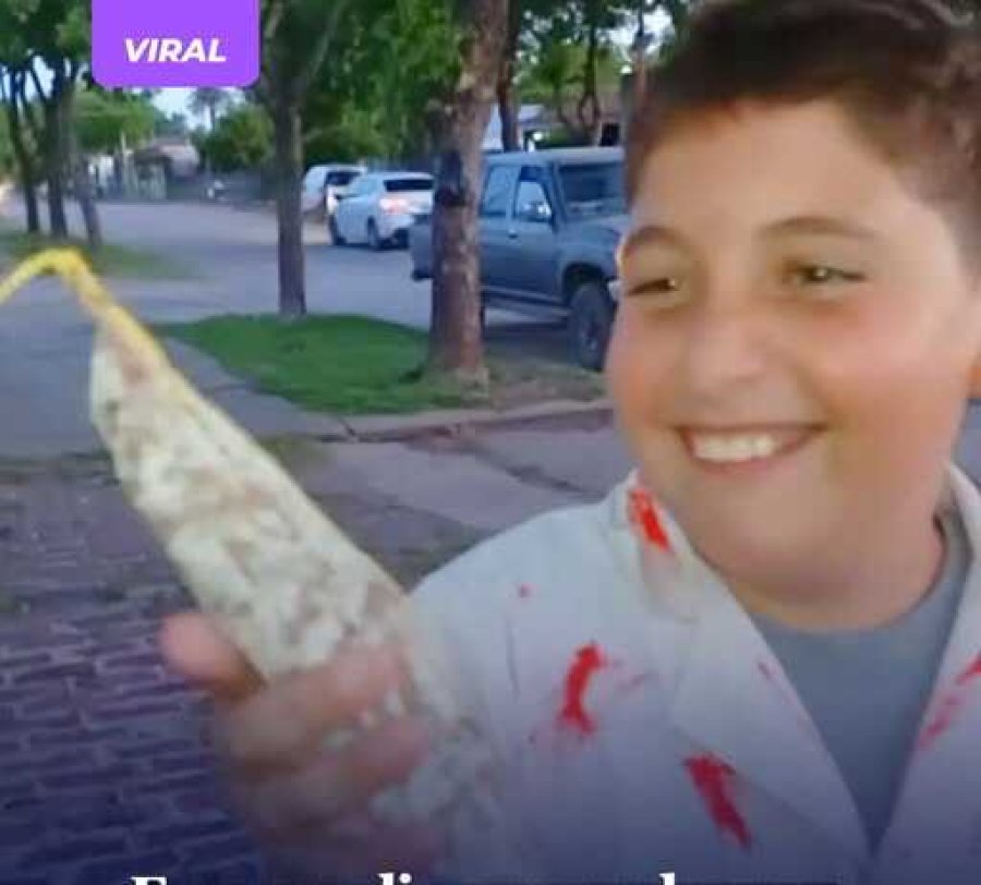 VALEN. El niño que recibió un salamín a cambio de golosinas el pasado viernes durante la celebración de Halloween en la ciudad santafesina de Peyrano.