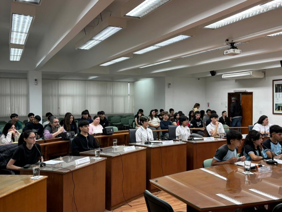 Los estudiantes secundarios se sientan en las bancas que habitualmente ocupan los concejales. (PRENSA CONCEJO)